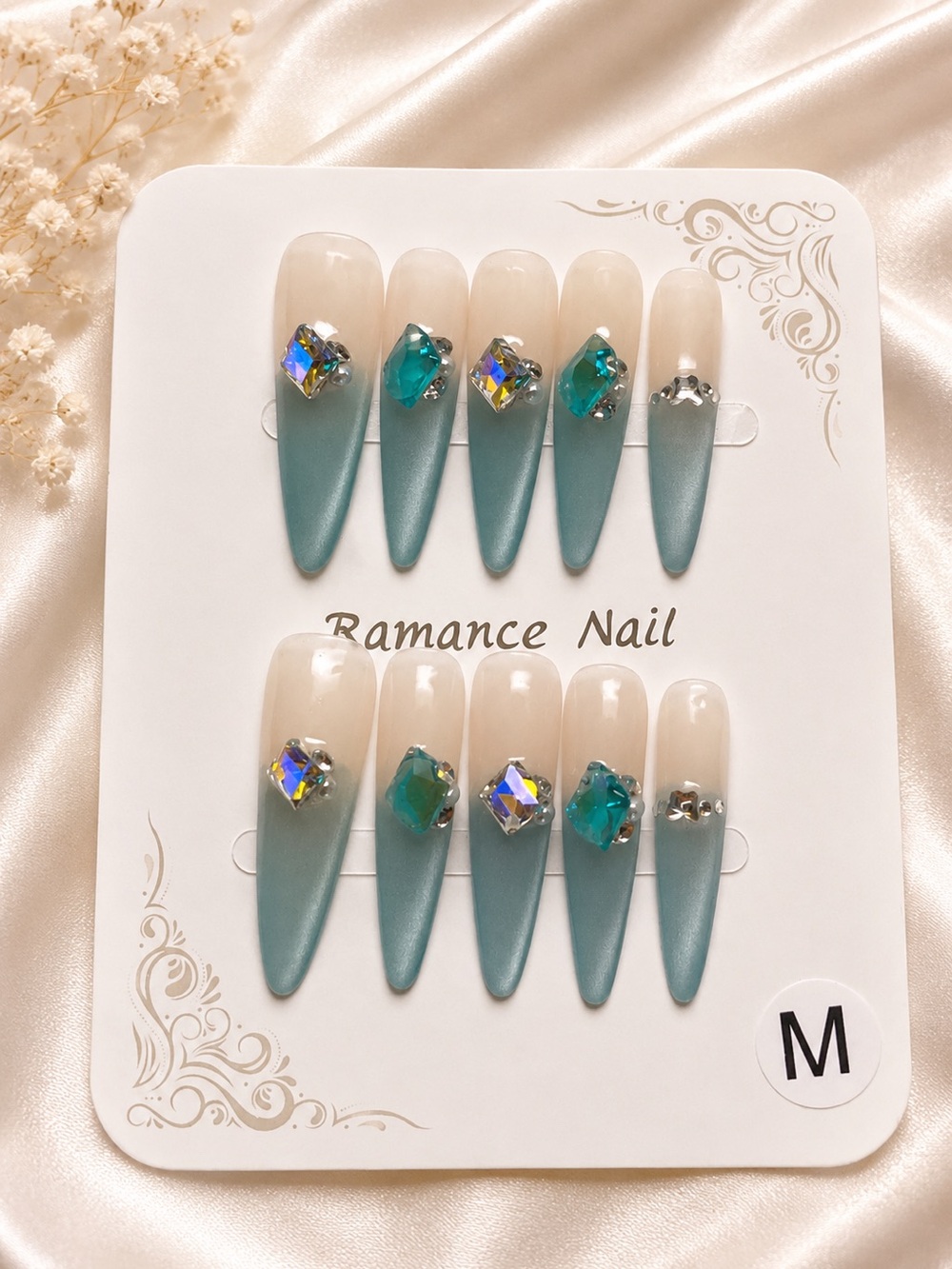 Teal Ombre Stiletto Press-On Nails with Gemstones size medium